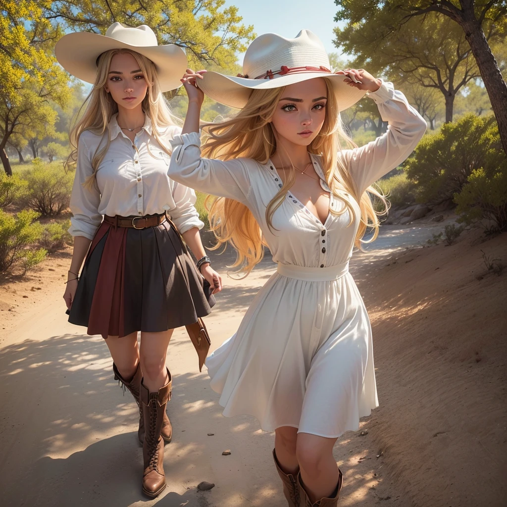 Imagine uma mulher jovem com olhos azuis penetrantes, ((corpo inteiro, standingn, pose de top model, sensual, flowing long blonde hair, usando um batom e esmalte vermelho vibrante, combinados com um short de brim rasgado. Highlight it with boots and a Texas-style hat, elementos que a caracterizam com uma mistura de autenticidade e estilo,View it in a dynamic and captivating setting, talvez em uma paisagem aberta do Texas, onde o vento sopra suavemente, fazendo com que seus cabelos loiros dancem ao redor dela, The sunlight highlights your features, highlighting its natural beauty and striking presence, The resulting image should capture not only the youthfulness and energy of the woman, but also its connection to authentic Texas style, Convey not only your stunning beauty, but also her confident attitude and her unique fashion sense, providing a balance between gracefulness and determination, The image should evoke a feeling of freedom, youth and authentic Texan style, offering a vibrant and inspiring visual representation of this young woman in tune with her Texas environment, Imagem de fundo de uma coudelaria com belos cavalos e palheiros, Texas style boots and hat), Minimalist Style, Surreal Dreamscapes, Intimate Portrait Composition, Mystical, Light White and Red, Optical Illusions), Natural colors, (High Dynamic Range), Visionary Art, Art That Plays with Scale