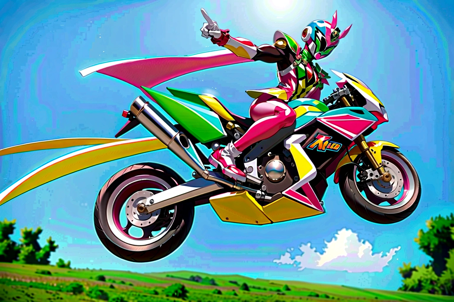 (A pink and green Kamen Rider Ex-aid with his motorcycle performing an aerial stunt:1.3), Yellow and black motorcycle, (side view), anime screepcap, (masterpiece:1.1), (best quality:1.1), (high detail:1.1), (vivid colors:1.1)