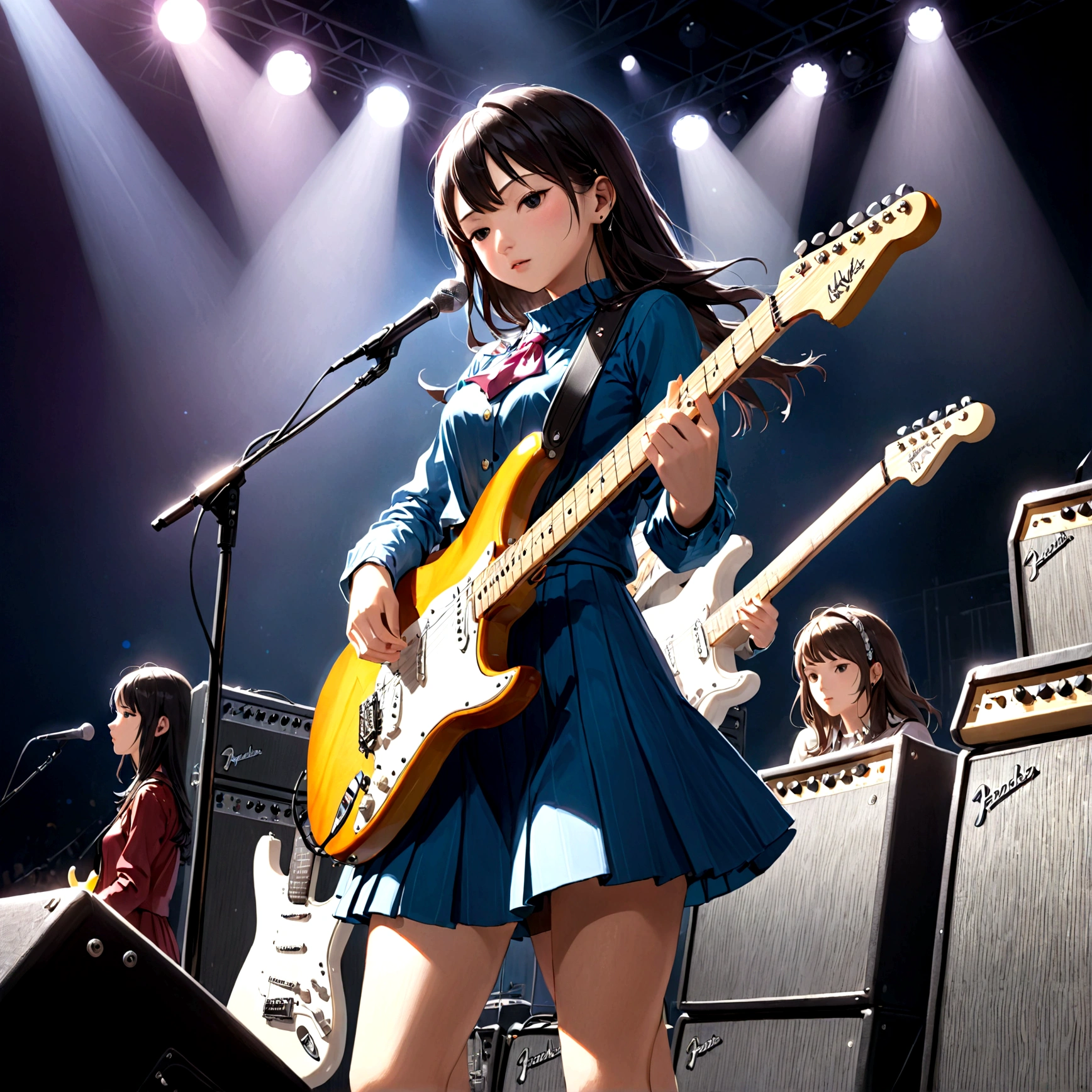 6 strings、There are six pegs、high school girl、Electric guitar、Fender Stratocaster、Big Stage