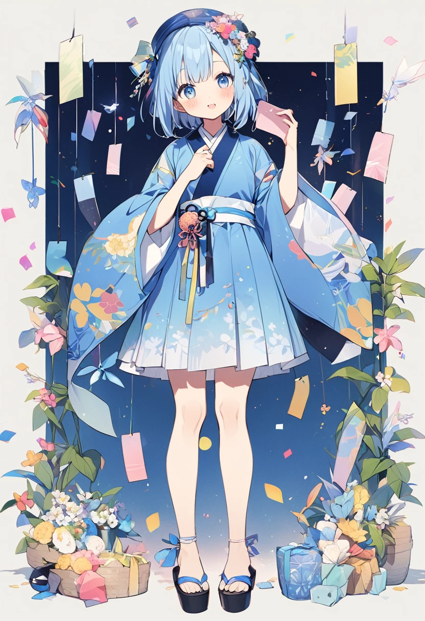 Tanabata Hikoboshi、Blue kimono full body、Cute