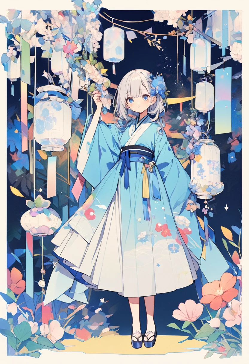 Tanabata Hikoboshi、Blue kimono full body、Cute