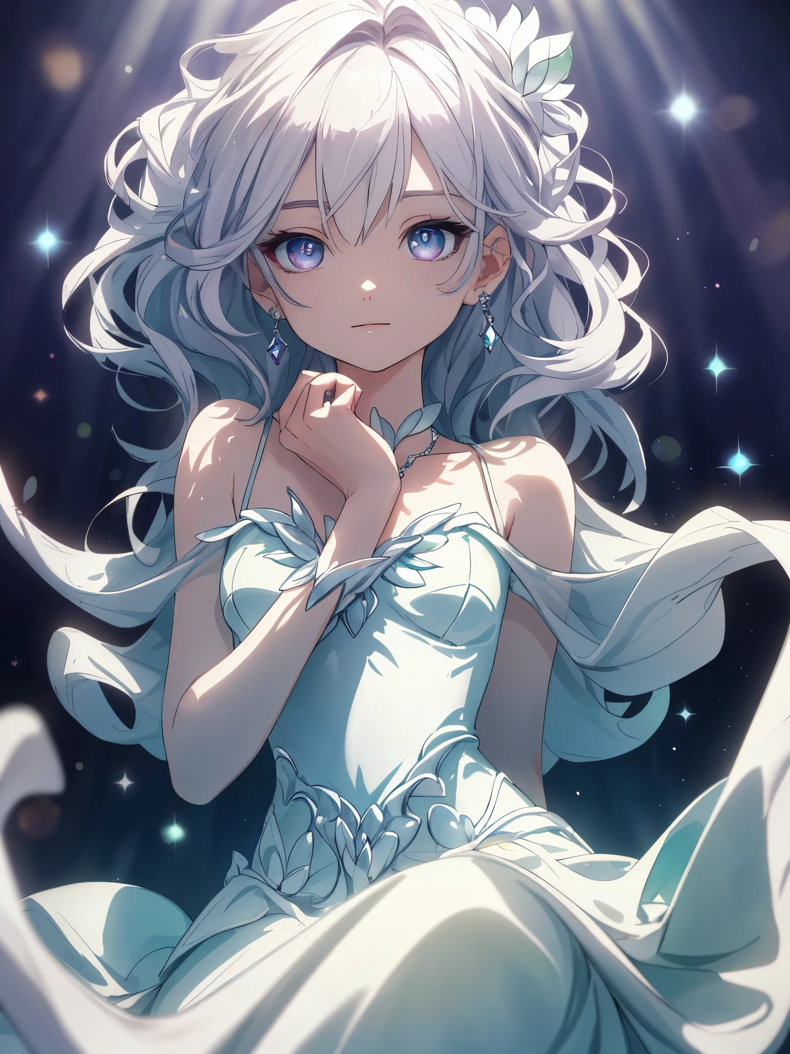 masterpiece, highest quality, figure, alexandrite eyes and hair, platinum earrings, Platinum Necklace, white dress, The Little Mermaid, cute, (dynamic lighting:1.2), cinematic lighting, delicate features, fine eyes, sharp pupils, realistic student, Depth of bounds written, Bokeh, sharp focus, (very detailed, bloom, shine:1.4), Many Small Gems, big ass