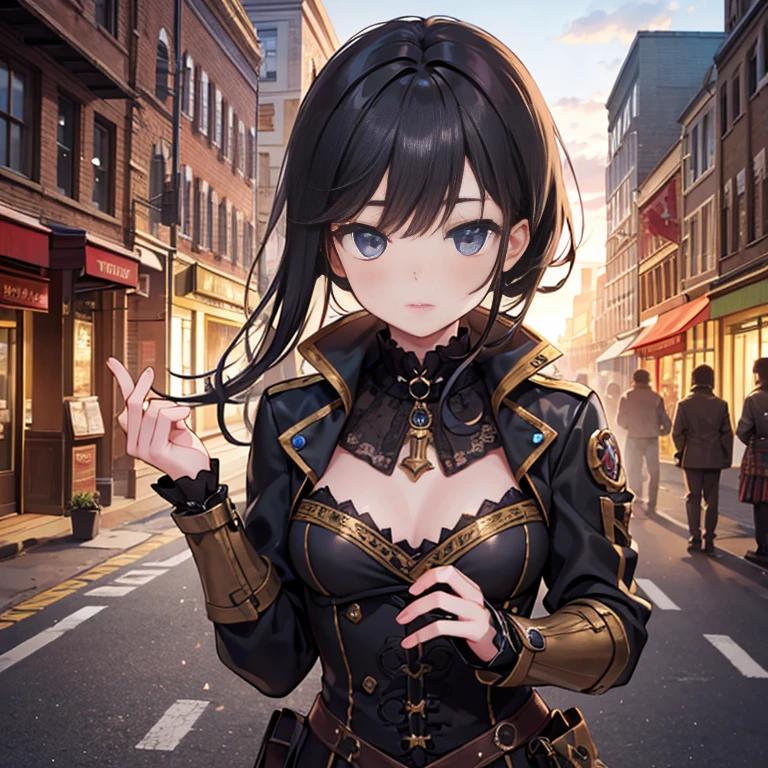 (masterpiece:1.2), highest quality, High resolution, black hair, Perfect lighting, Highly detailed CG, (Perfect hands, Perfect Anatomy), steampunk, teenage girl, downtown