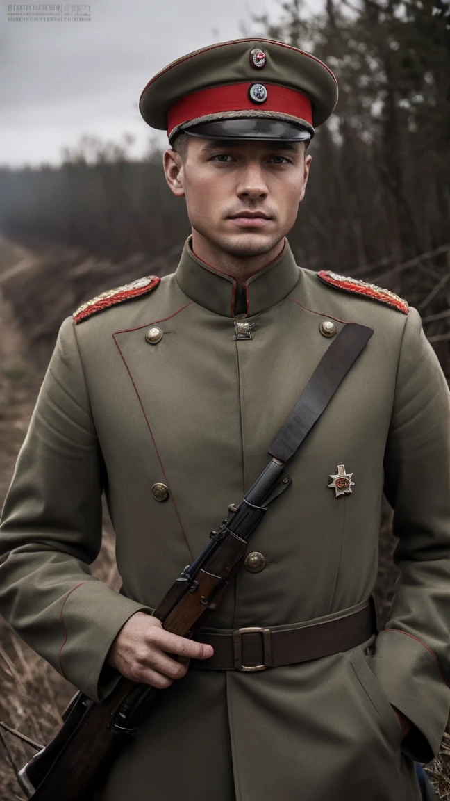 (masterpiece), best quality, expressive eyes, perfect face, All quiet on eastern Front, man, trenches, dirty, uniform, realistic, HD, Rifle, Russian empire, Russian man