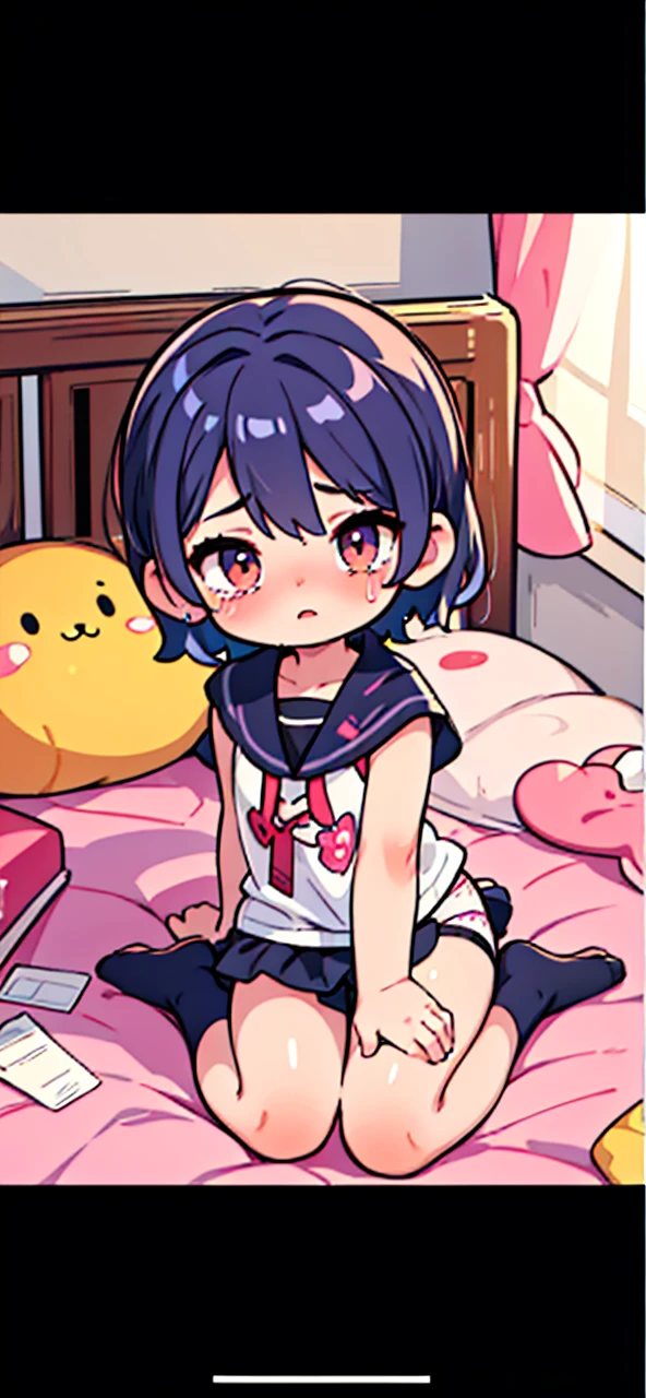 (Child 1.2), pantie shot, panties, open legs, age 6, on bed, crying, , wet body, shiny legs, shiny body,
