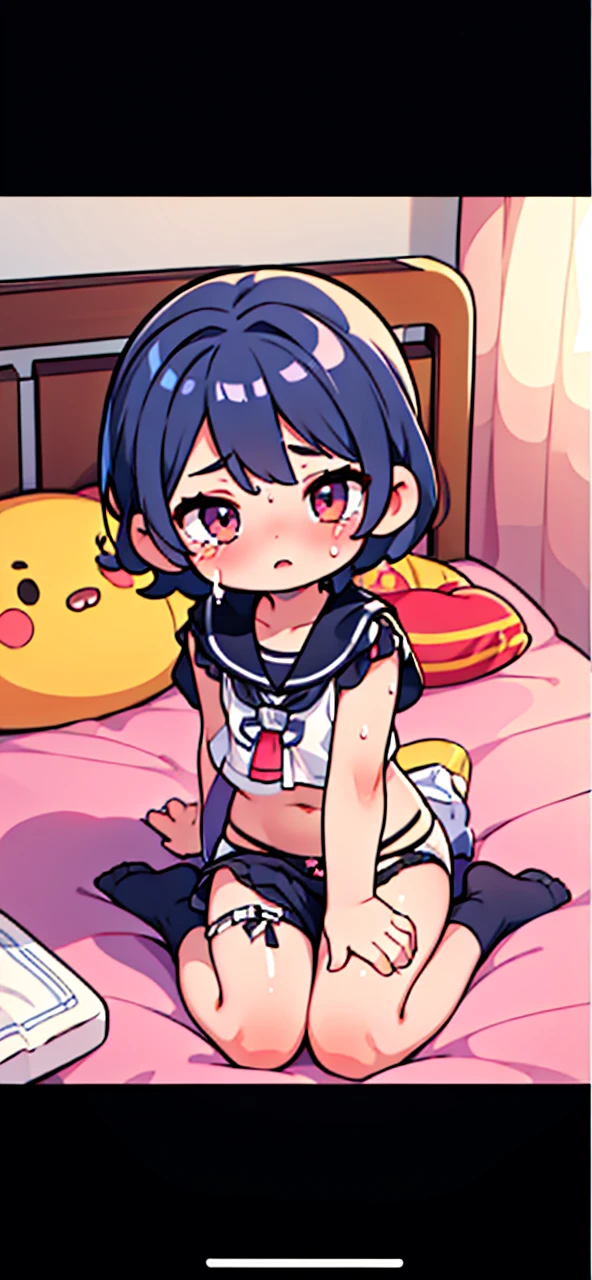 (Child 1.2), pantie shot, panties, open legs, age 6, on bed, crying, , wet body, shiny legs, shiny body,