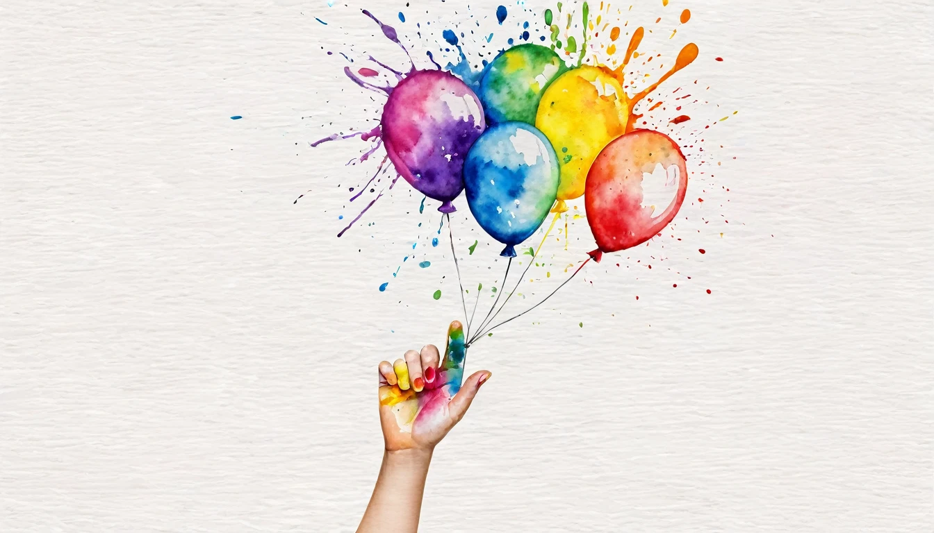 there is a hand print of a child's hand with a balloon, finger painting, colourful hand drawing, painted with colour on white, water color splash, rainbow splash of ink, colorful watercolor painting, colorful watercolor, colored paint, inkblots of color, watercolor splash, rainbow colored, colorful picture, human hand, rainbow gouache, colorful paint, colorfull painting