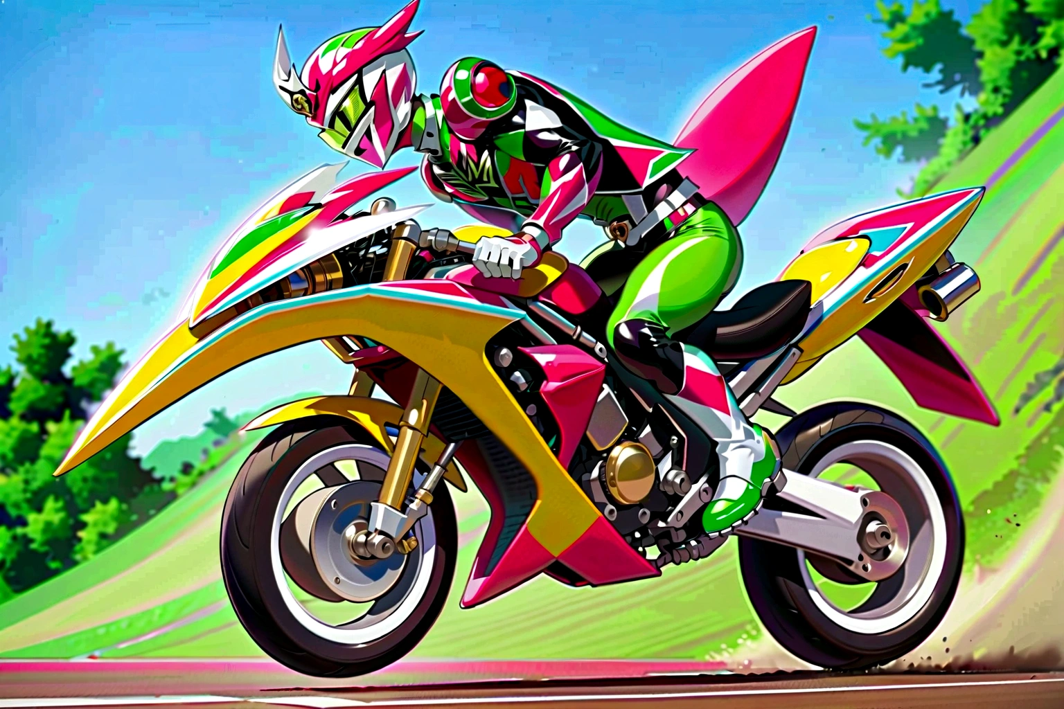 (A pink and green Kamen Rider Ex-aid with his motorcycle performing a wheelie on a race track:1.3), Yellow and black motorcycle, (side view), anime screepcap, (masterpiece:1.1), (best quality:1.1), (high detail:1.1), (vivid colors:1.1)