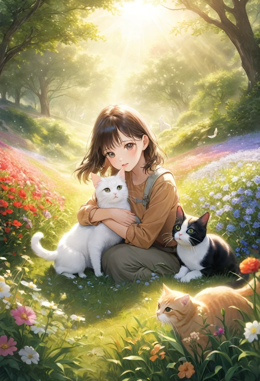 Catを連れた少女, a beautiful girl with a Cat, girl with a cute Cat, girl petting a Cat, girl in a flowery meadow with a Cat, girl in a dreamy landscape with a Cat, girl in a fantasy forest with a Cat, photoRealistic portrait of a girl and her Cat, 少女と彼女のCatの仲間を描いたVery detailedデジタル絵画, girl cuddling a Cat in a serene natural setting, girl playing with a Cat in a whimsical outdoor scene, (Highest quality,4K,8K,High resolution,masterpiece:1.2),Very detailed,(Realistic,photoRealistic,photo-Realistic:1.37),Vibrant colors,intriCate details,Natural light,Warm color palette,Soft Focus,Beautiful attention to detail,Beautiful lip detail,Very detailed目と顔,Long eyelashes,One Girl,Cat,Flower Field,Fantasy Landscape,Vibrant colors,Written boundary depth,Cinema Lighting