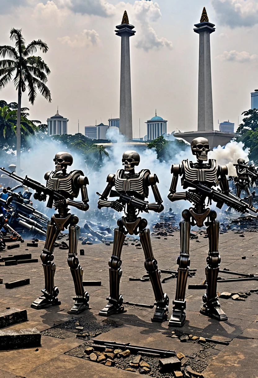 several robots in the form of human skeletons resembling terminators carrying firearms were seen attacking the city with gunfire, the background was the Jakarta Monas, Monumen nasional jakarta indonesia and the ruins of the city, the atmosphere was tense, thick smoke enveloped
