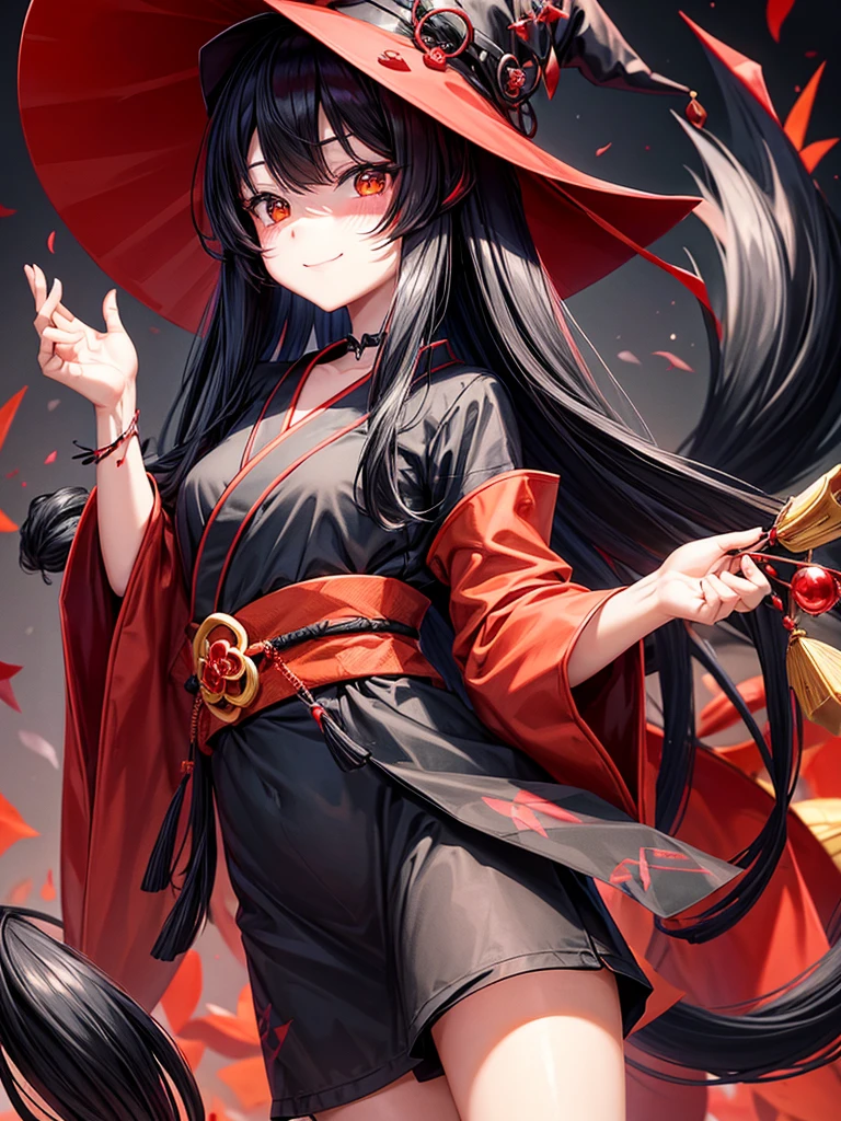 Black long hair girl cute blushing smile kawaii face wearing nekomata witch hat 2 nekomata cat tails black and red kimono have black staff with red crystal shards