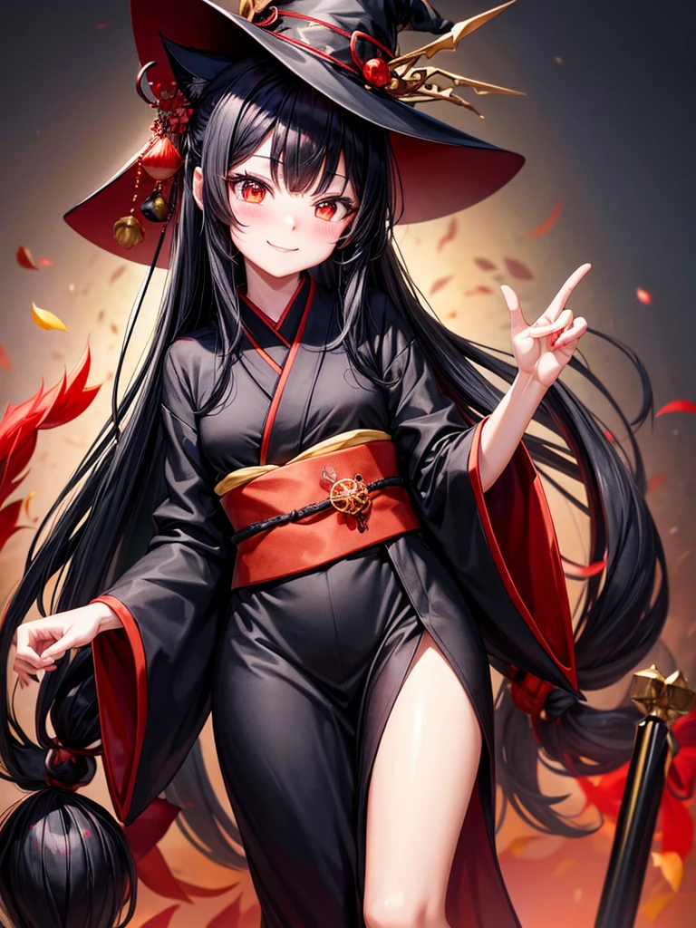 Black long hair girl cute blushing smile kawaii face wearing nekomata witch hat 2 nekomata cat tails black and red kimono have black staff with red crystal shards