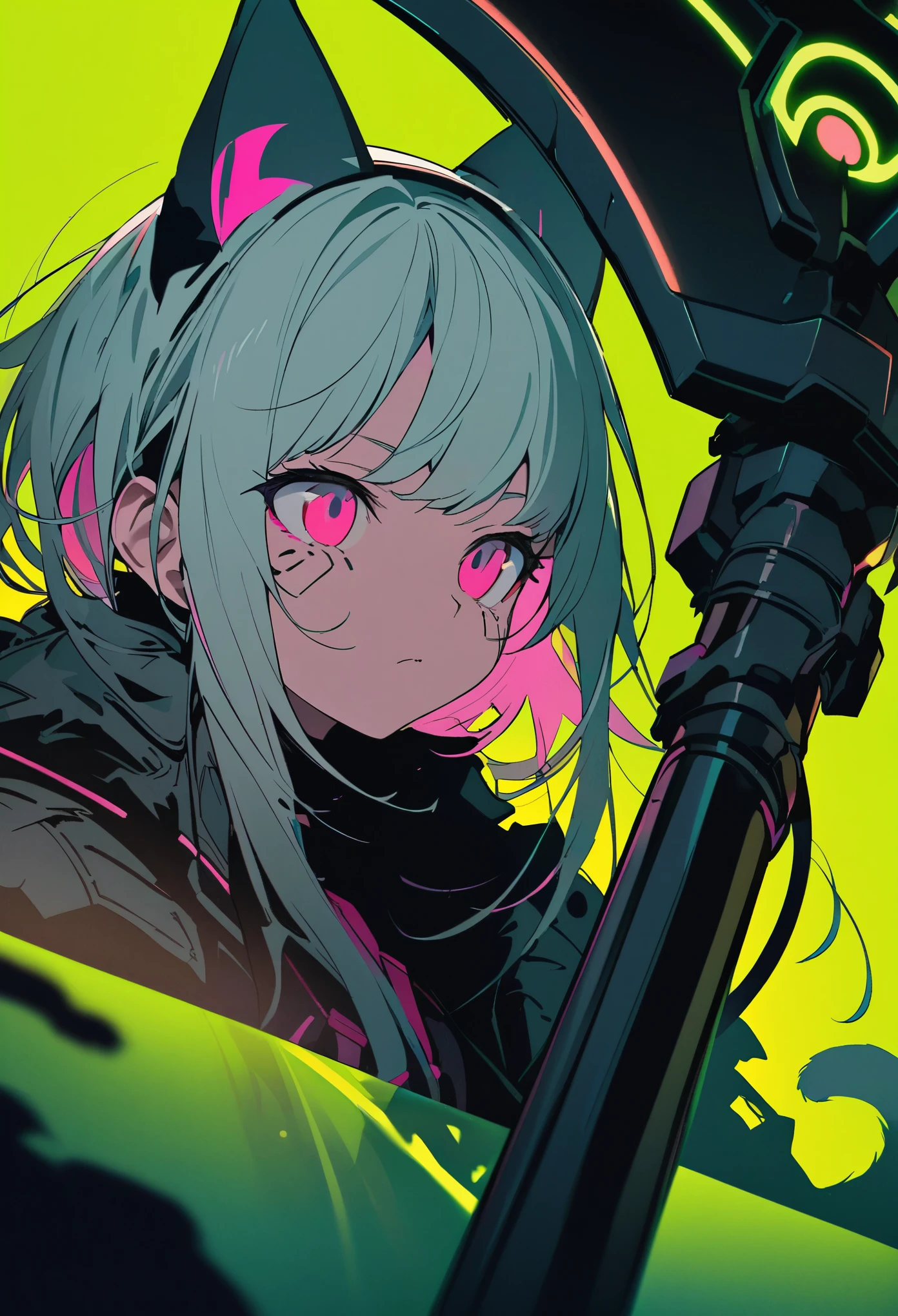 Detailed silhouette of a cyberpunk girl with cat ears and a tail, Flowing, Tattered coat, He carries a giant scythe with a mechanical cat design on it.., Stand on the glossy, Minimalist Reflective Surface, Green background, Depth、Portrait、Dynamic Angle