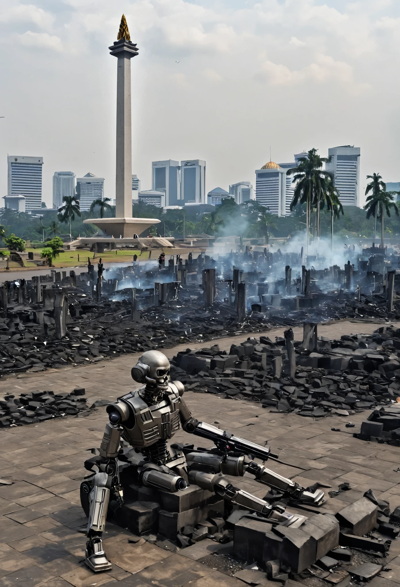 several robots in the form of human skeletons resembling terminators carrying firearms were seen attacking the city with gunfire, the background was the Jakarta Monas, Monumen nasional jakarta indonesia and the ruins of the city, the atmosphere was tense, thick smoke enveloped