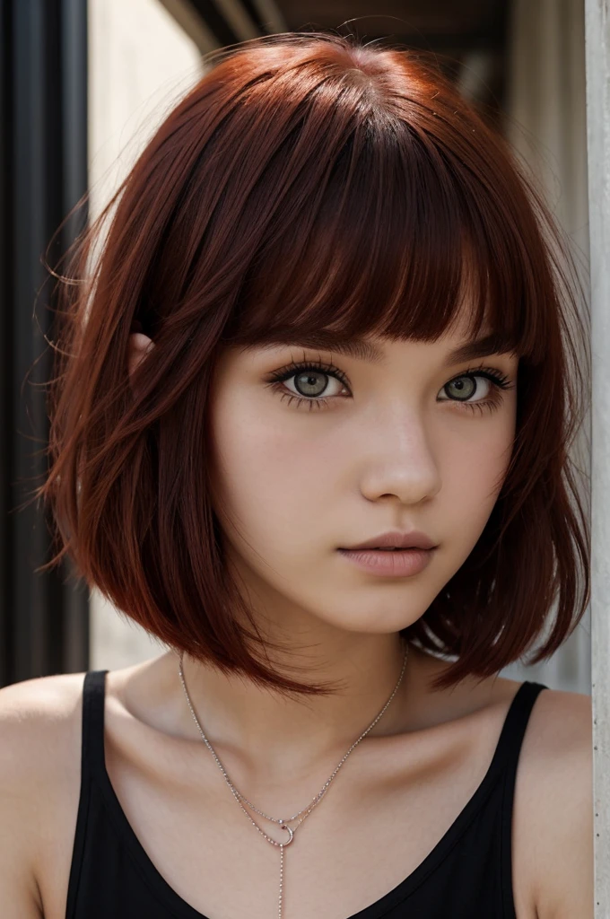 Girl -19 yered semi short hair with bangs, small, elongated black eyes , medium and straight black eyeliner, straight medium nose, not so pronounced reddish cheeks, medium wine lips , Oval face , black, loose clothing, necklaces attached to the metal neck , pearly skin