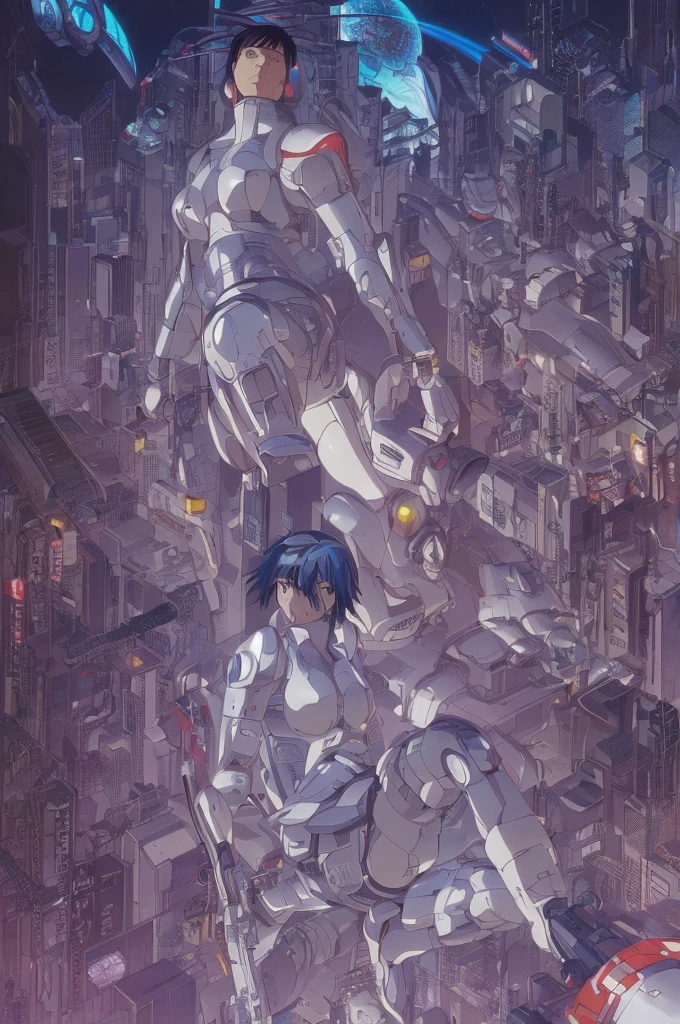 Ghost in the Shell adopts retro 90s anime style, , Science Fiction, Futuristic, Surrealism, Akira Style, Early litigation, Detailed line art, Fine details, greg rutkowski makoto shinkai kyoto animation key art female eye level shot