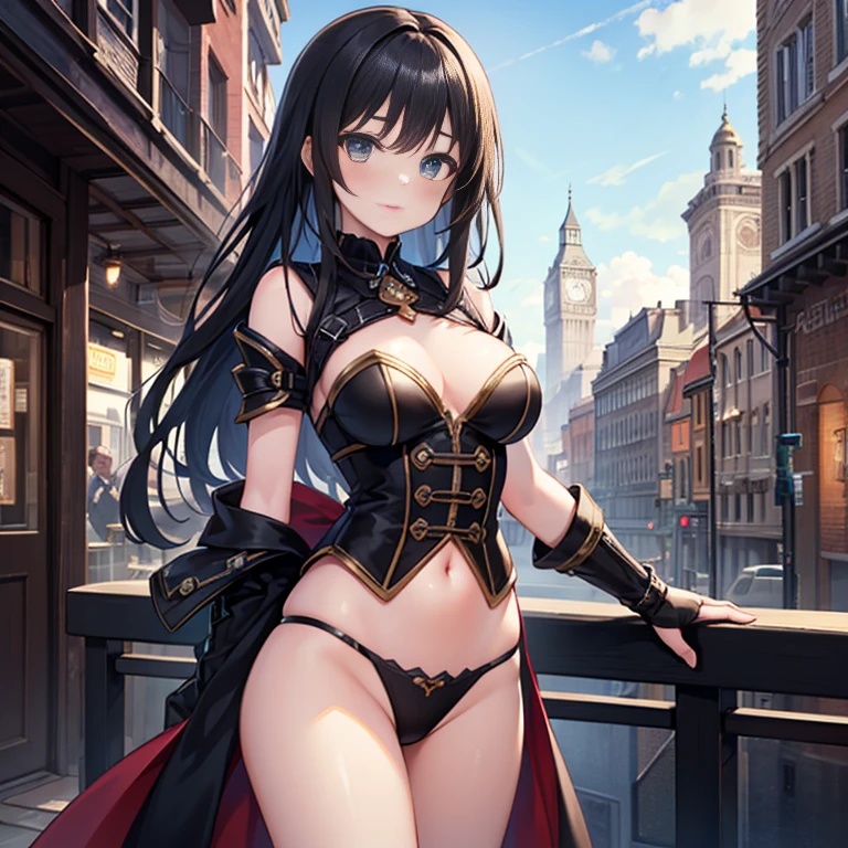 (masterpiece:1.2), highest quality, High resolution, black hair, Perfect lighting, Highly detailed CG, (Perfect hands, Perfect Anatomy), steampunk, age girl, downtown, 19th century, London, steam