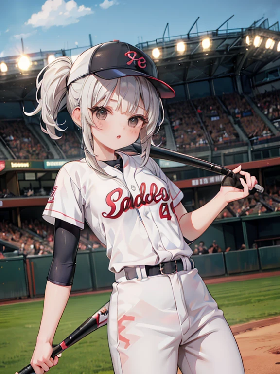 masterpiece, Highest quality, Very detailed, 16K, Ultra-high resolution, ****************, Detailed face, Black eyes, Silver Hair, holding baseball bat, baseball uniform, baseball cap, Stadium, baseball, baseball mitts, Batter Box, Home Run