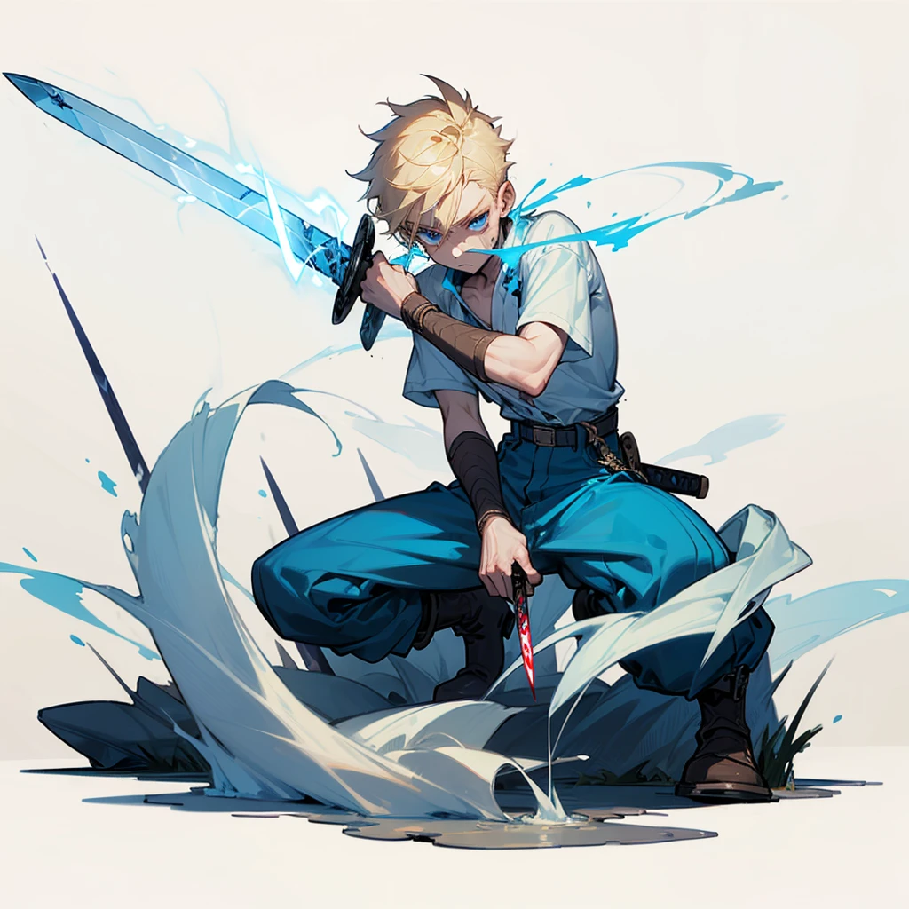 1character, Full body version, Viking boys, 1boys, albino skins, blue eyes, faux hawk hair, blonde colour hair, blue short sleeve shirt, blue trousers, boots, His clothes were full of blood, his face was flowing with blood, his hands were bleeding, he had wounds, his face was bleeding, his body was bleeding, ((long sword in hand, in a fighting pose, the long sword emits blue light, lightning flashes in the blade)), Grassroots, full background in a wide field, gusts of wind, the silhouette of moonlight, the moon, at night, the stars in the night sky 
