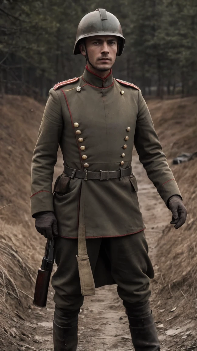 (masterpiece), best quality, expressive eyes, perfect face, All quiet on eastern Front, man, trenches, dirty, uniform, realistic, HD, Rifle, Russian empire, Russian man, helmet, Tannenberg, imperial, full body