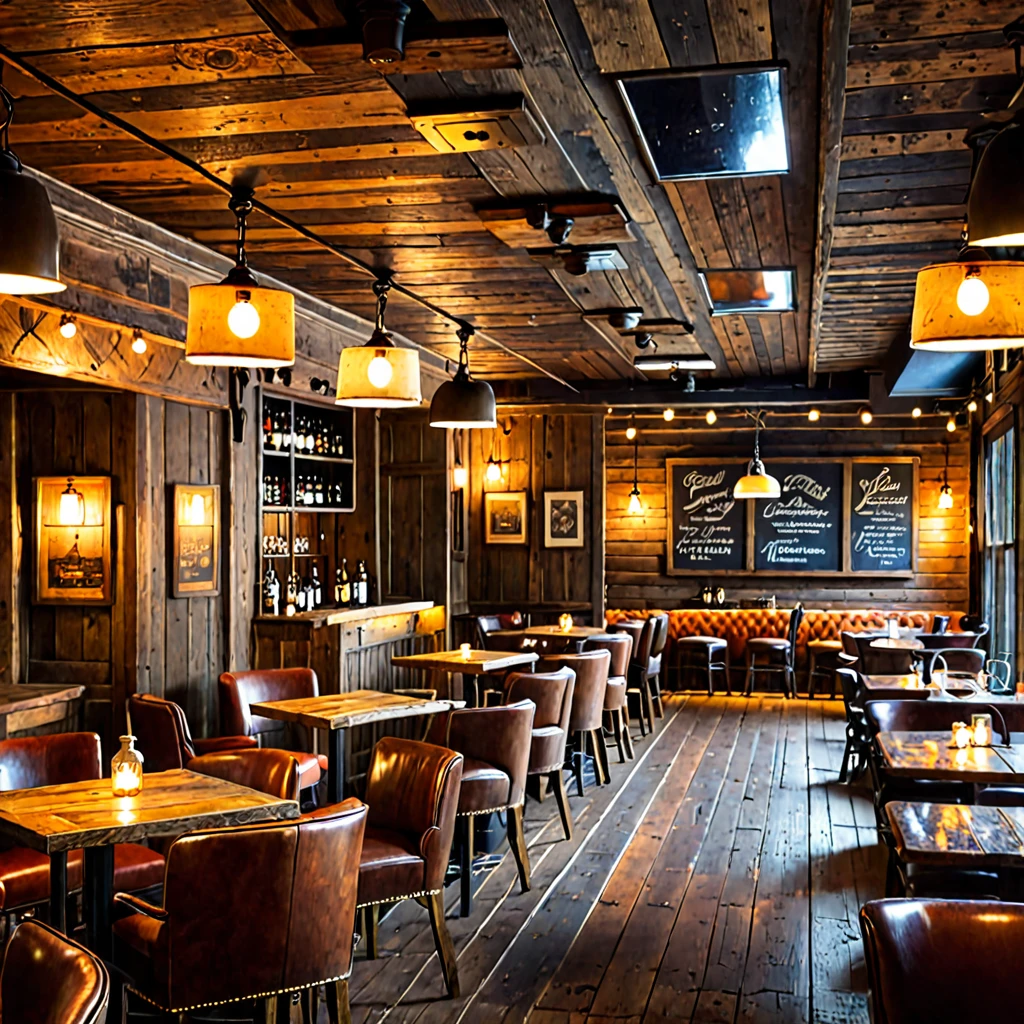 Vintage-style bar, rustic wooden furniture, antique pendant lights, dim lighting, cozy ambiance, aged wood, warm glow, vintage decor, intimate, nostalgi