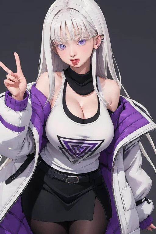 masterpiece, best quality, 1 Girl, Solitary, Kiritaka Tokuo, Danteidong, White jacket, Off-shoulder, Vest, (((Full and soft breasts,)))(((Huge breasts))) (((Cleavage))) (Perfect curvy figure),Black skirt, Pantyhose, Very long hair, Forked tongue, Sticking out tongue, Purple Eyes, Slit pupil