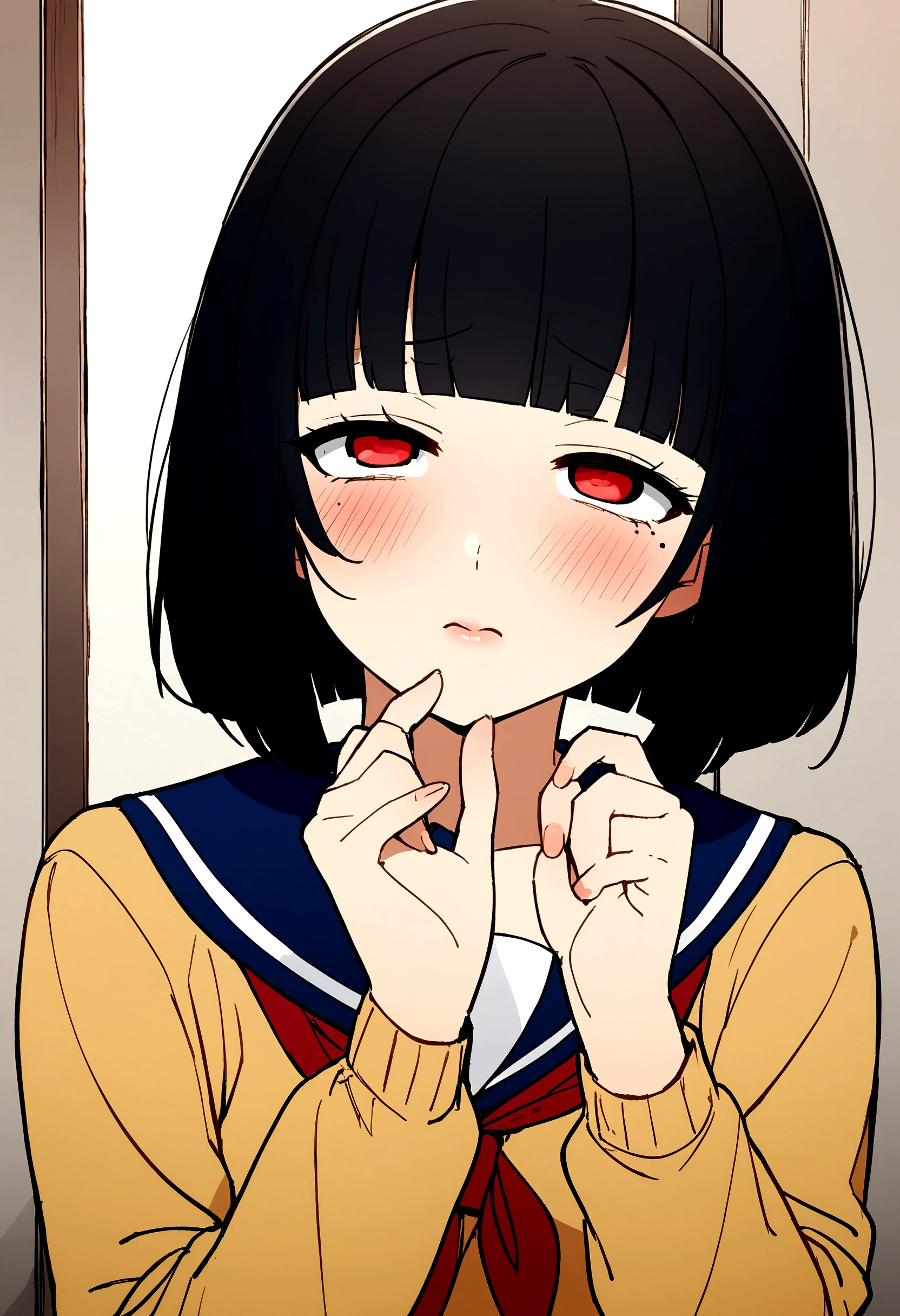 One Girl、Face Up、ツンデレ、high school girl、anime、hoodie、Black Hair、Blunt bangs、Drunk Eyes、Sailor suit、Red eyes、Bobcut、two-tone hair、 High resolution, 1 Girl, Korean, Small mole under eye,Drooping eyes、