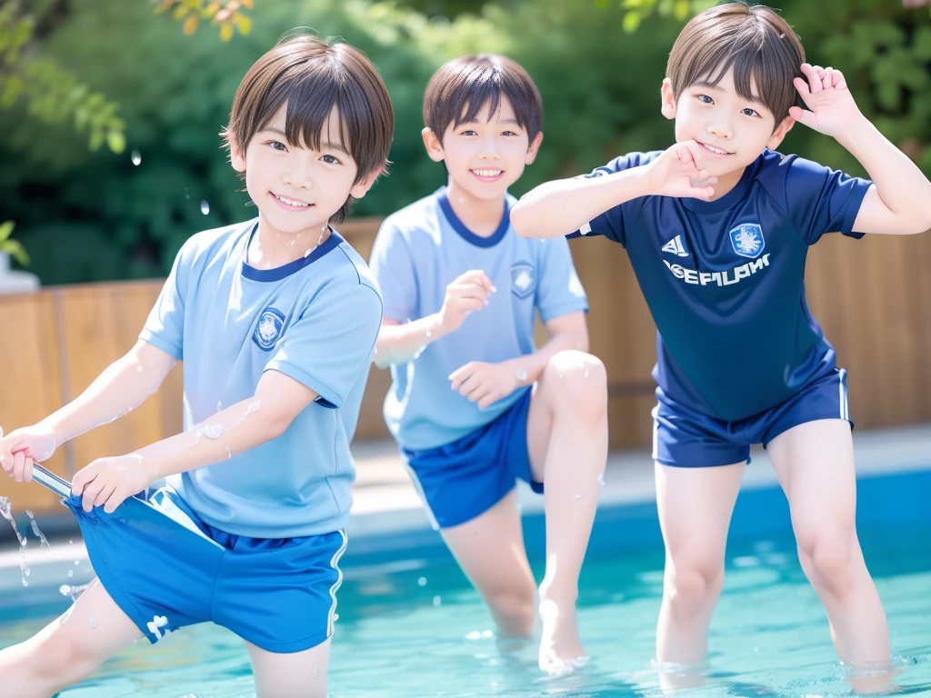 夏休みのprimary school校、Pool、primary school5Grade、Japan Boy、Glowing water splashes、A good boy dripping with water、hot day、Two Boys、Various poses、Short sleeve gym uniform、Blue shorts、physical education、barefoot,(Boy 1.4)、Boys only 、(10Age 1.4)