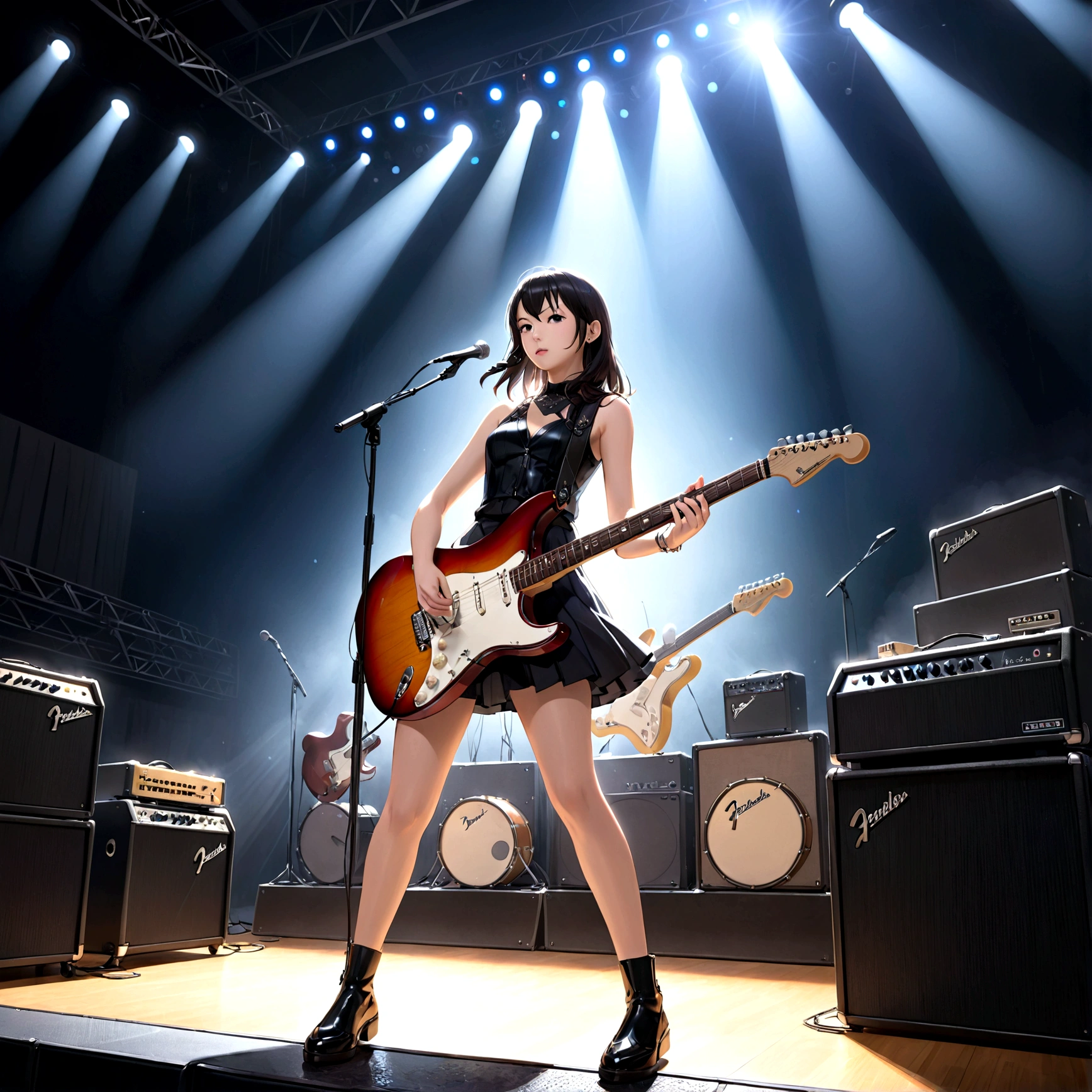 6 strings、There are six pegs、high school girl、Electric guitar、Fender Stratocaster、Big Stage、front