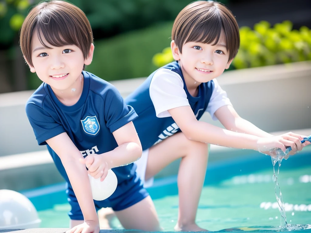 夏休みのprimary school校、Pool、primary school5Grade、Japan Boy、Glowing water splashes、A good boy dripping with water、hot day、Two Boys、Various poses、Short sleeve gym uniform、Blue shorts、physical education、barefoot,(Boy 1.4)、Boys only 、(10Age 1.4)