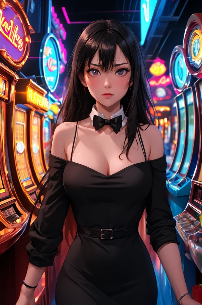 Masterpiece, best quality, 1 dealer girl, alone, look at viewer, chest, mature woman, collarbone, long hair, cyberpunk, neon light, In the building, Casino, black tight dress, bow tie, depth of field,