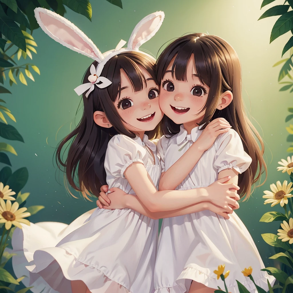 Two 5  girls with long bunny ears smiling and hugging each other、Little Bunny Gite thin silk dress、Anime Style