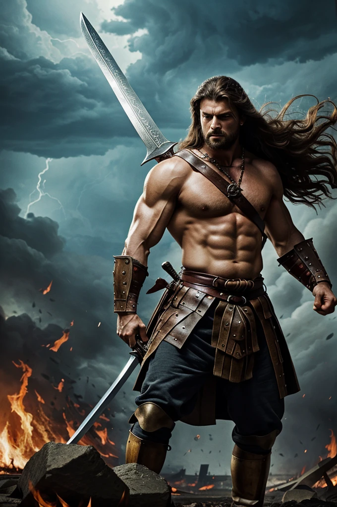 Create an illustrative image of a furious medieval period warrior, muscular with long hair, in a fierce battle with storms and fires and dead bodies on the ground, raising a sword upwards