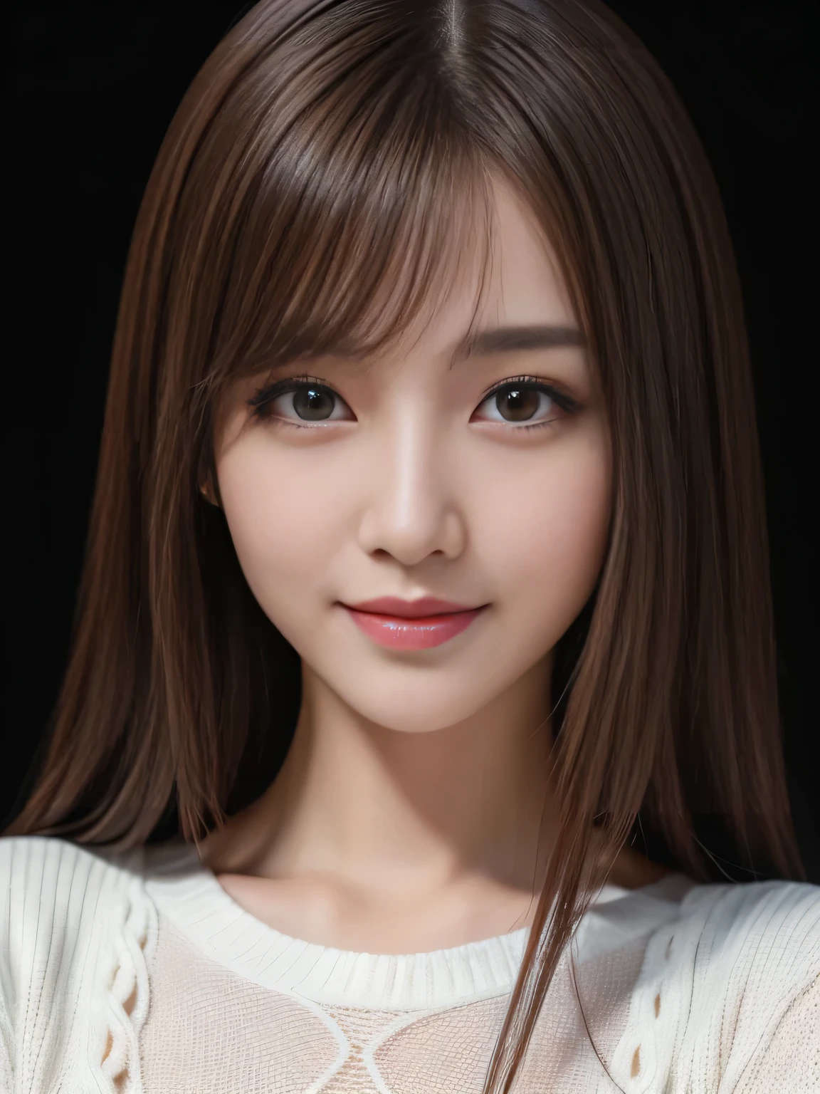 masterpiece, best quality, ultra-detailed, intricately detailed hyperdetailed, realistic, sharp features, highly detailed, sharp focus, Japanese idol, perfect face, perfect symmetrically perfect eyes, perfect full lips, flexible female form, cinematic, film light, hyper detailed, hyper realistic, high resolution, vibrant, dynamic studio lighting, Dark background, medium hair, straight Bangs, brown Eyes, Black sweater, Portraiture, (Mischievous smile),