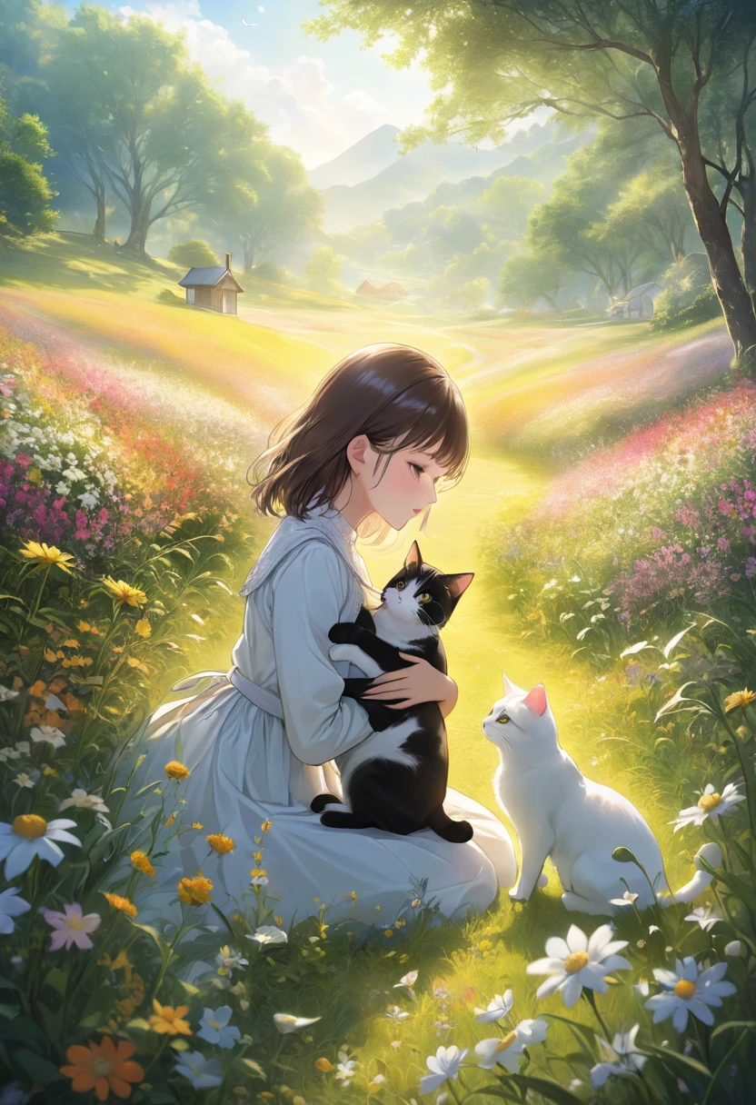 Catを連れた少女, a beautiful girl with a Cat, girl with a cute Cat, girl petting a Cat, girl in a flowery meadow with a Cat, girl in a dreamy landscape with a Cat, girl in a fantasy forest with a Cat, photoRealistic portrait of a girl and her Cat, 少女と彼女のCatの仲間を描いたVery detailedデジタル絵画, girl cuddling a Cat in a serene natural setting, girl playing with a Cat in a whimsical outdoor scene, (Highest quality,4K,8K,High resolution,masterpiece:1.2),Very detailed,(Realistic,photoRealistic,photo-Realistic:1.37),Vibrant colors,intriCate details,Natural light,Warm color palette,Soft Focus,Beautiful attention to detail,Beautiful lip detail,Very detailed目と顔,Long eyelashes,One Girl,Cat,Flower Field,Fantasy Landscape,Vibrant colors,Written boundary depth,Cinema Lighting