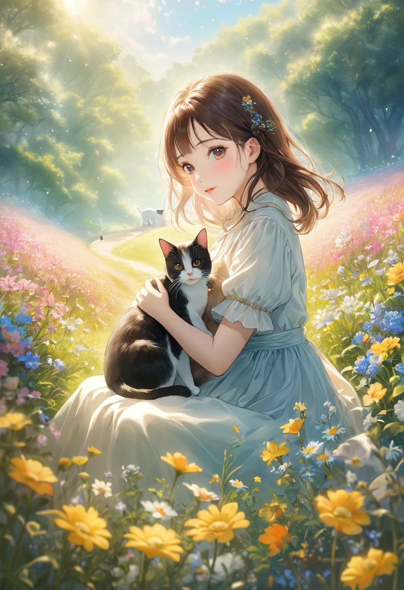 Catを連れた少女, a beautiful girl with a Cat, girl with a cute Cat, girl petting a Cat, girl in a flowery meadow with a Cat, girl in a dreamy landscape with a Cat, girl in a fantasy forest with a Cat, photoRealistic portrait of a girl and her Cat, 少女と彼女のCatの仲間を描いたVery detailedデジタル絵画, girl cuddling a Cat in a serene natural setting, girl playing with a Cat in a whimsical outdoor scene, (Highest quality,4K,8K,High resolution,masterpiece:1.2),Very detailed,(Realistic,photoRealistic,photo-Realistic:1.37),Vibrant colors,intriCate details,Natural light,Warm color palette,Soft Focus,Beautiful attention to detail,Beautiful lip detail,Very detailed目と顔,Long eyelashes,One Girl,Cat,Flower Field,Fantasy Landscape,Vibrant colors,Written boundary depth,Cinema Lighting