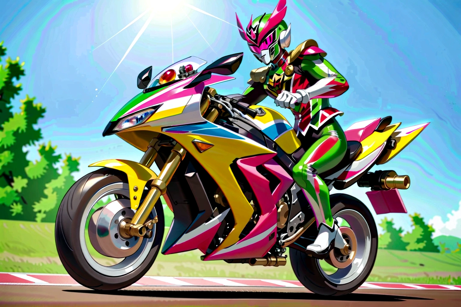 (A pink and green Kamen Rider Ex-aid with his motorcycle performing a wheelie on a race track:1.3), Yellow and black motorcycle, (side view), anime screepcap, (masterpiece:1.1), (best quality:1.1), (high detail:1.1), (vivid colors:1.1)