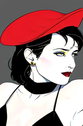 (Masterpiece Art:1.1), (Best Quality), Woman with WHITE GLAMOROUS dress and lipstick, WIDE BRIMMED BLACK HAT, LADY DIMITRISCU, PALE, greybackground, Art style by Patrick Nagel, Beautiful, highly detailed painting, (highly detailed slopes), (Detailed face), (Detailed eyes:1.1), (Perfect breasts), modelshoot, Professional Photography, Official art, Synth Wave, androgyny, 8K, hard disk, High quality,  awardwinning, SHORTHAIR,