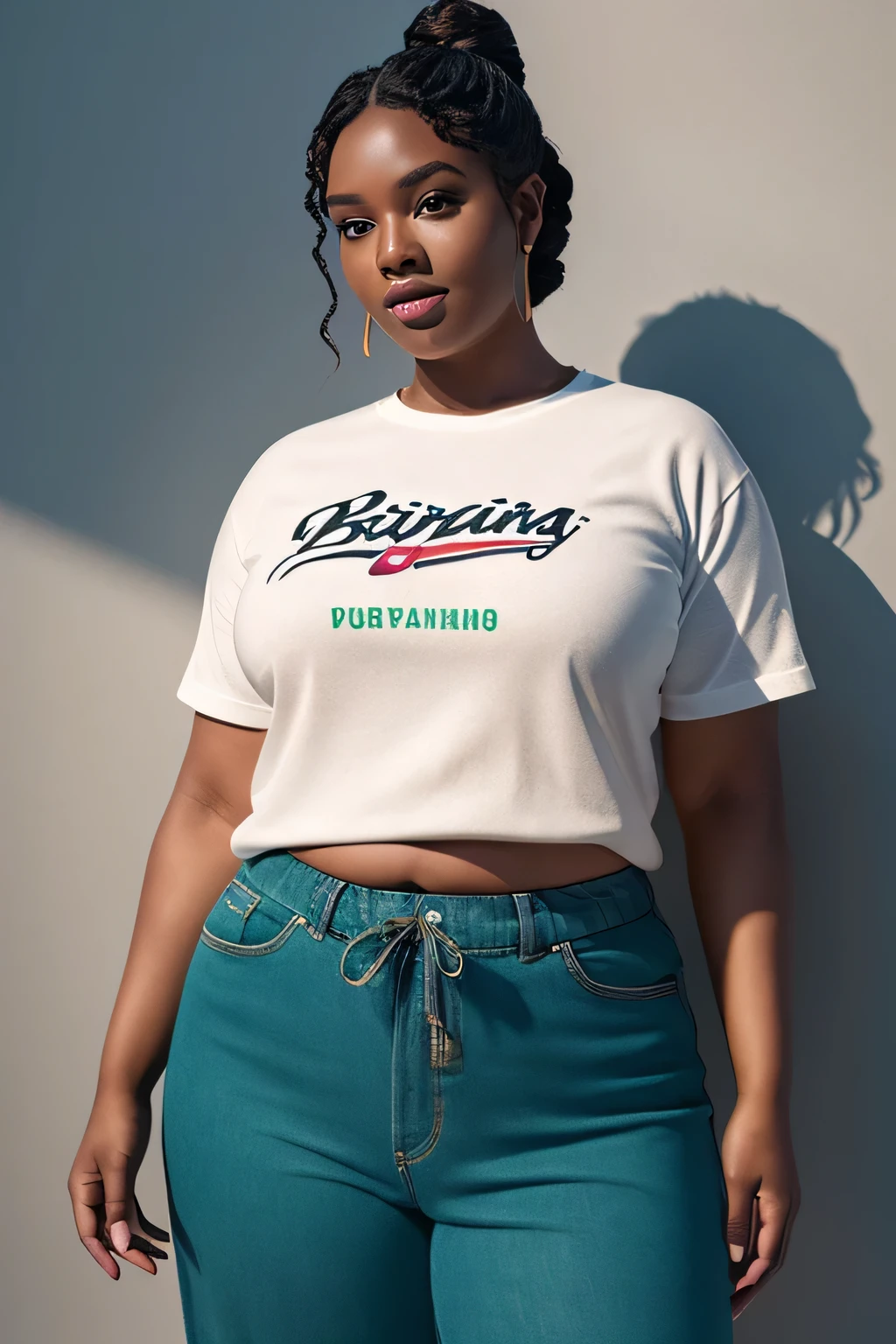 best qualityer, high resolution, work of art: 1.3), Beautiful representation of a 600 pound persoabrazilian SSBBW (Big and beautiful woman, 32 years old, skin black) work of art: 1.3, realisitic, detailded, 1 person, Flabby belly, Dimpled-face, dark skin tone, confortable clothes, casual outfit, touching expression, charming personality, Expressive, noivando, captivating, inviting, Authentic representation of body positivity, Confident and proud. 3D octane rendering, ray tracing, Super Detail Viewer