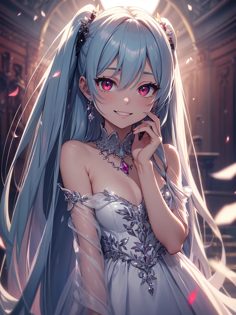 masterpiece, highest quality, figure, alexandrite eyes and hair, platinum earrings, Platinum Necklace, white dress, The Little Mermaid, cute, (dynamic lighting:1.2), cinematic lighting, delicate features, fine eyes, sharp pupils, realistic student, Depth of bounds written, Bokeh, sharp focus, (very detailed, bloom, shine:1.4), Many Small Gems, hatsune miku, black hair, red eyes, smiling, yandere