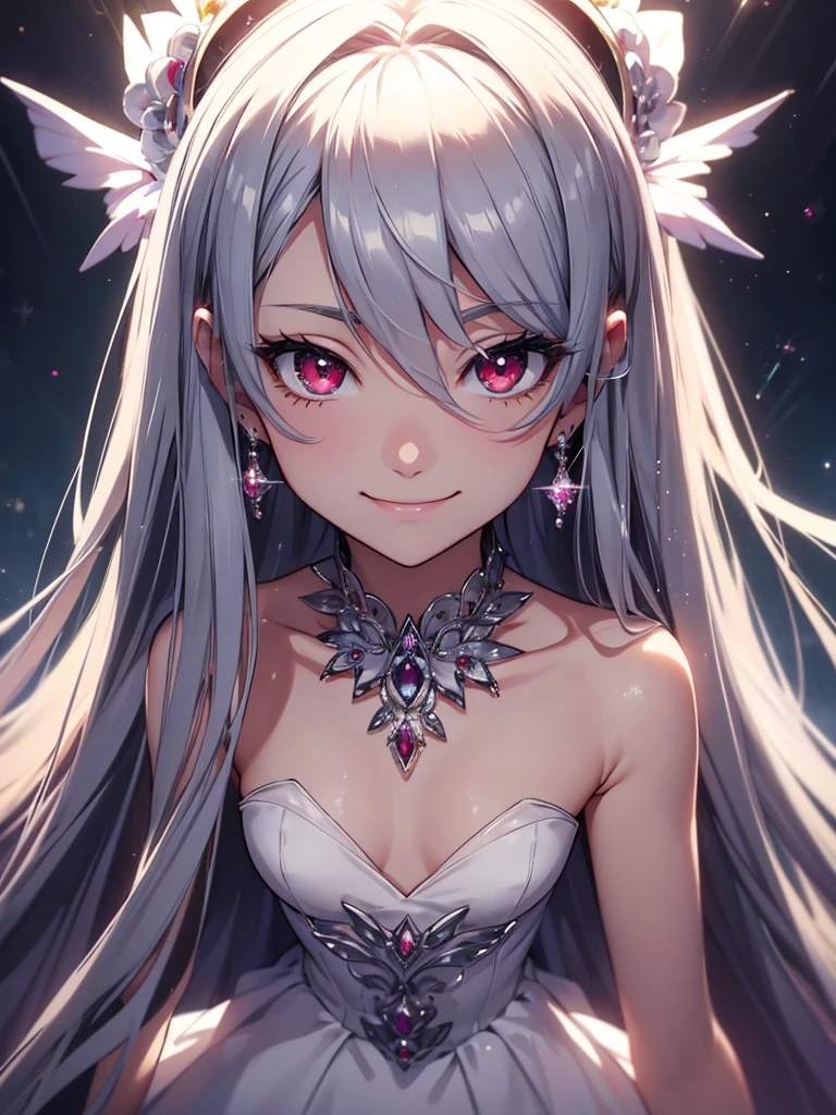 masterpiece, highest quality, figure, alexandrite eyes and hair, platinum earrings, Platinum Necklace, white dress, The Little Mermaid, cute, (dynamic lighting:1.2), cinematic lighting, delicate features, fine eyes, sharp pupils, realistic student, Depth of bounds written, Bokeh, sharp focus, (very detailed, bloom, shine:1.4), Many Small Gems, hatsune miku, black hair, red eyes, smiling, yandere