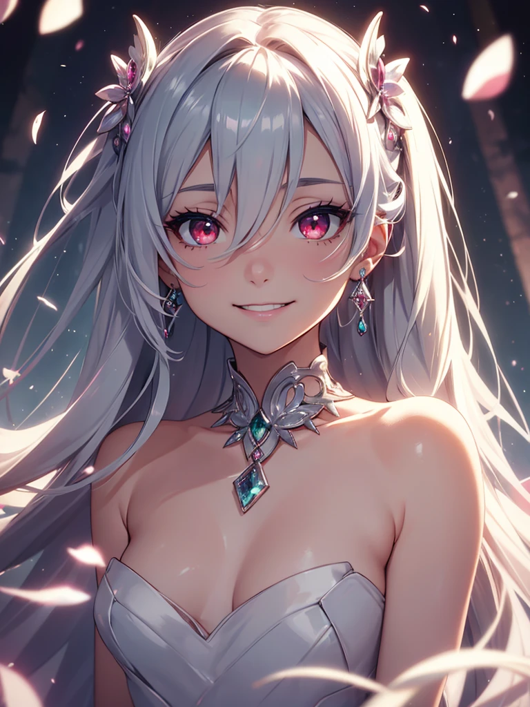 masterpiece, highest quality, figure, alexandrite eyes and hair, platinum earrings, Platinum Necklace, white dress, The Little Mermaid, cute, (dynamic lighting:1.2), cinematic lighting, delicate features, fine eyes, sharp pupils, realistic student, Depth of bounds written, Bokeh, sharp focus, (very detailed, bloom, shine:1.4), Many Small Gems, hatsune miku, black hair, red eyes, smiling, yandere