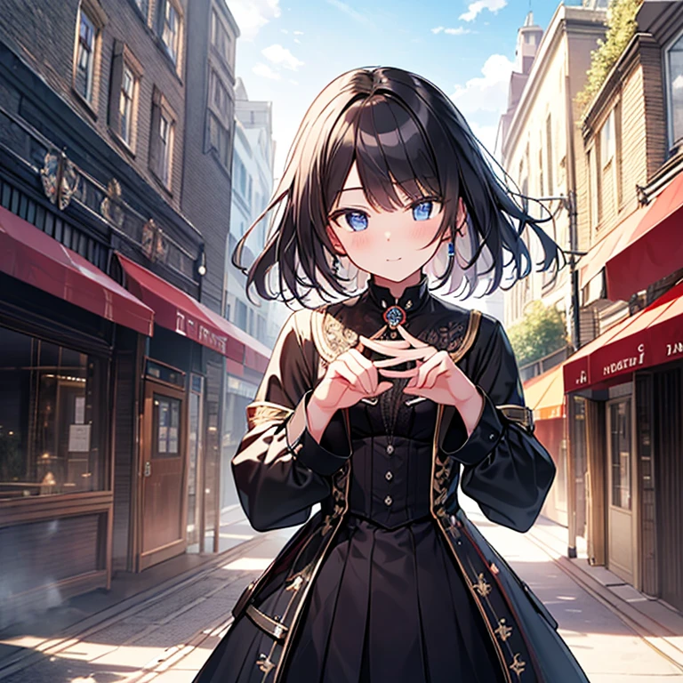 (masterpiece:1.2), highest quality, High resolution, black hair, Perfect lighting, Highly detailed CG, (Perfect hands, Perfect Anatomy), steampunk, teenage girl, downtown, 19th century, London, steam