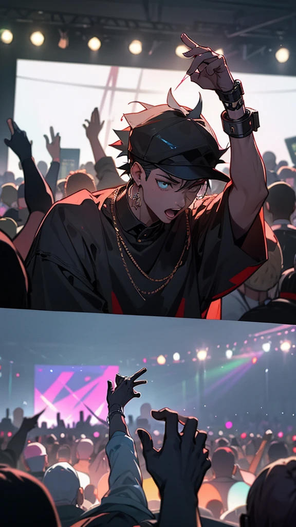 Two rappers exchanging rhymes, microphone on hand, over an scenario, crowd witnessing, epic and intense scenemy, pov from crowd