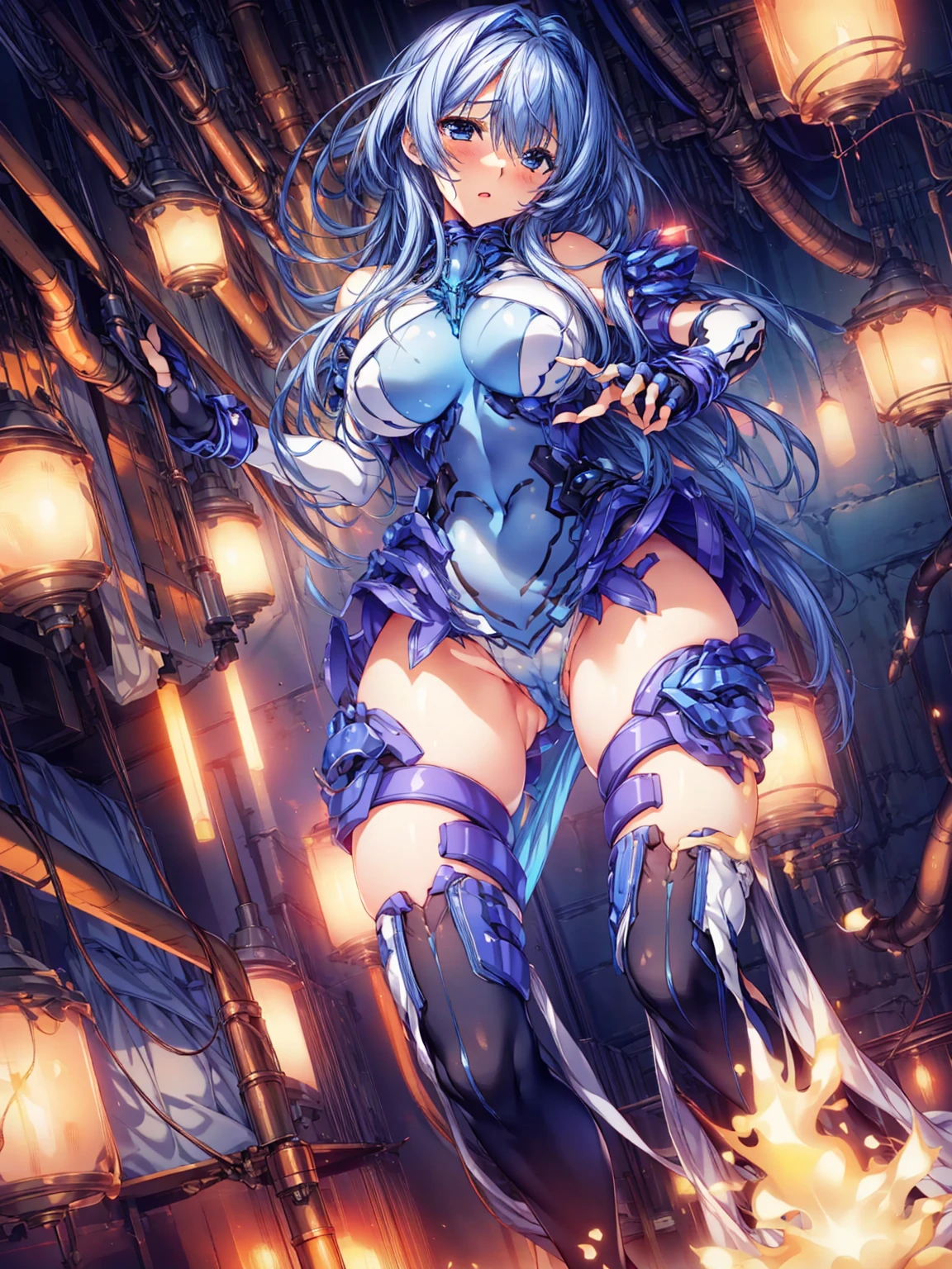 masterpiece, Highest quality, Anime Style,Official Art Beautiful Lighting, 1 Girl, bangs, Inside a futuristic base, whole body, Blue and white outfit, masterpiece,Noise Reduction,perfect anatomy,high resolution, ultra-detailed,game cg,dutch angle ,beautiful detailed eyes,visualart,five fingers, perfect hands, perfect lighting,(cameltoe:1.3)