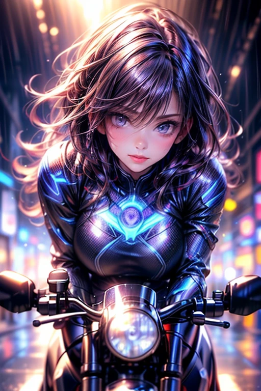 a cute girl in a Gantz costume, riding a motorcycle:1.2,  through a dark city street at night, blurring motion, intricate detailed motorcycle:1.2, (best quality,4k,8k,highres,masterpiece:1.2),beautiful-detailed,(realistic,photorealistic,photo-realistic:1.37),beautiful detailed eyes,beautiful detailed lips,extremely detailed eyes and face,longeyelashes,illustration,dynamic pose,neon lights,rain,speed blur,dark atmosphere,moody lighting, 