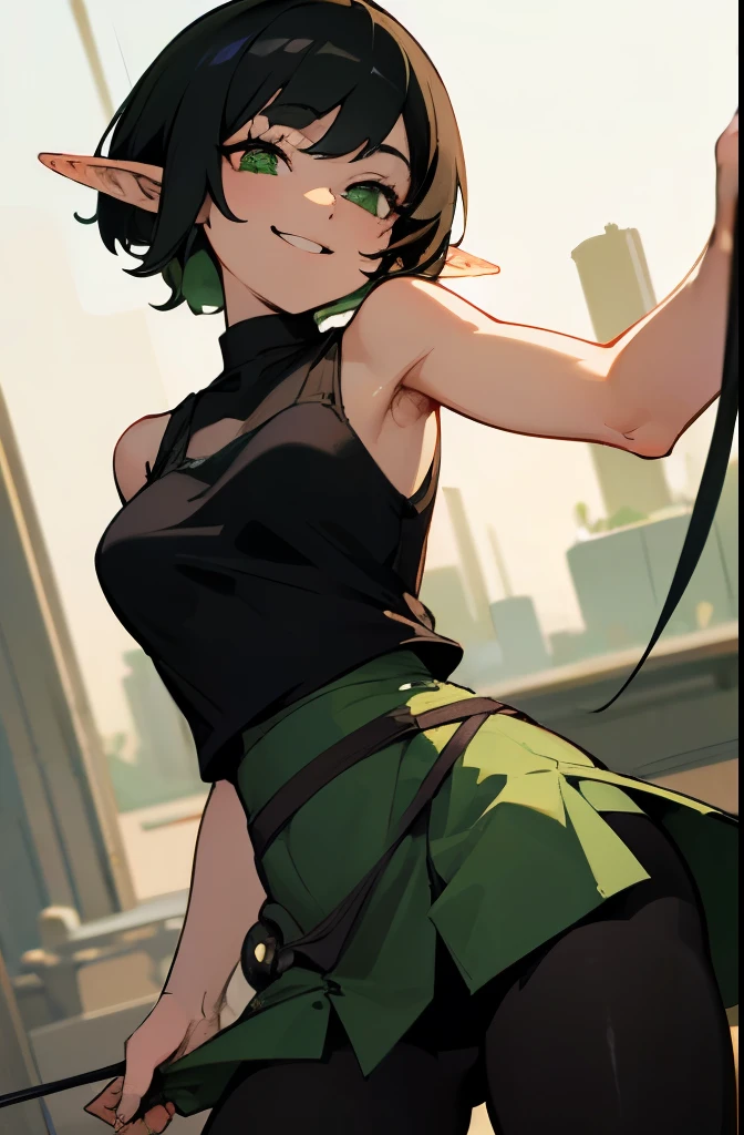 Best quality,high detail,masterpiece,1 woman,black short hair,green eyes,Elf,Black Tights, black tank top ,needle, smiling brightly