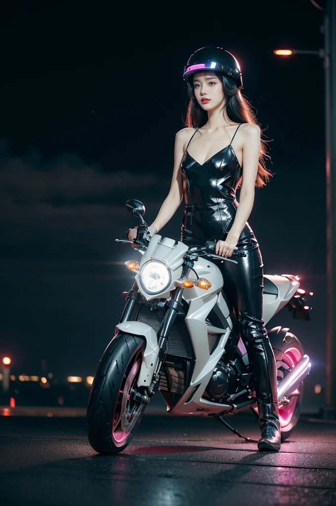Very beautiful young blonde girl Lindsey Brewer on a motorcycle in the night city ,neon light,realism,cyberpunk