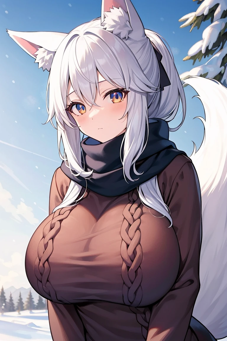 masterpiece, best quality, highres, 1girl, white hair, ponytail, fox ears, fox tails, winter closing, Scarf, sweater, huge breasts,