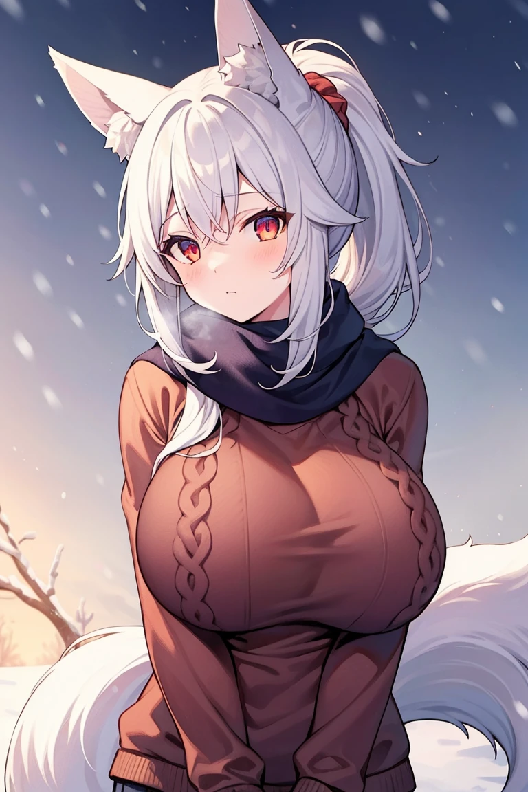 masterpiece, best quality, highres, 1girl, white hair, ponytail, fox ears, fox tails, winter closing, Scarf, sweater, huge breasts,